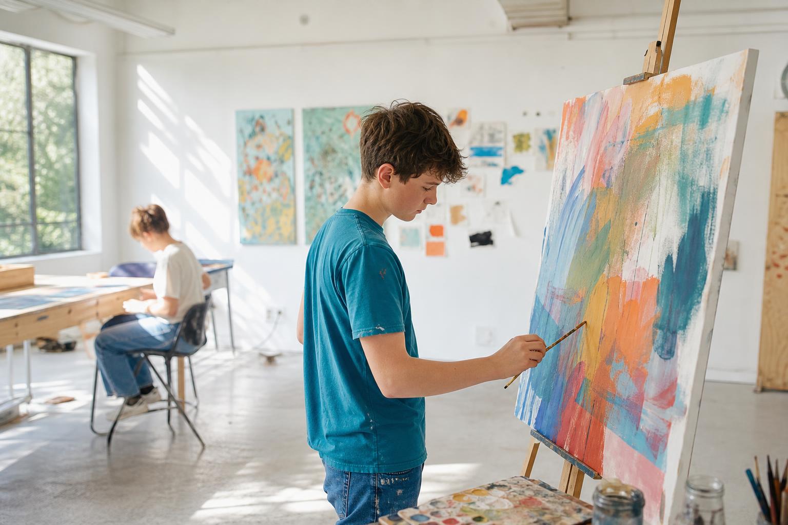 A student painting at an easel in a bright studio